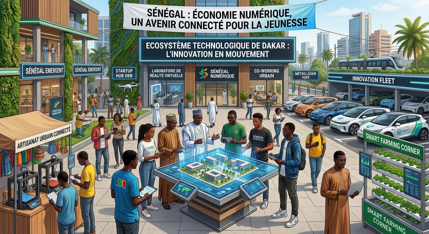 Entrepreneur sénégalais concentré sur son ordinateur portable dans un coworking de Dakar