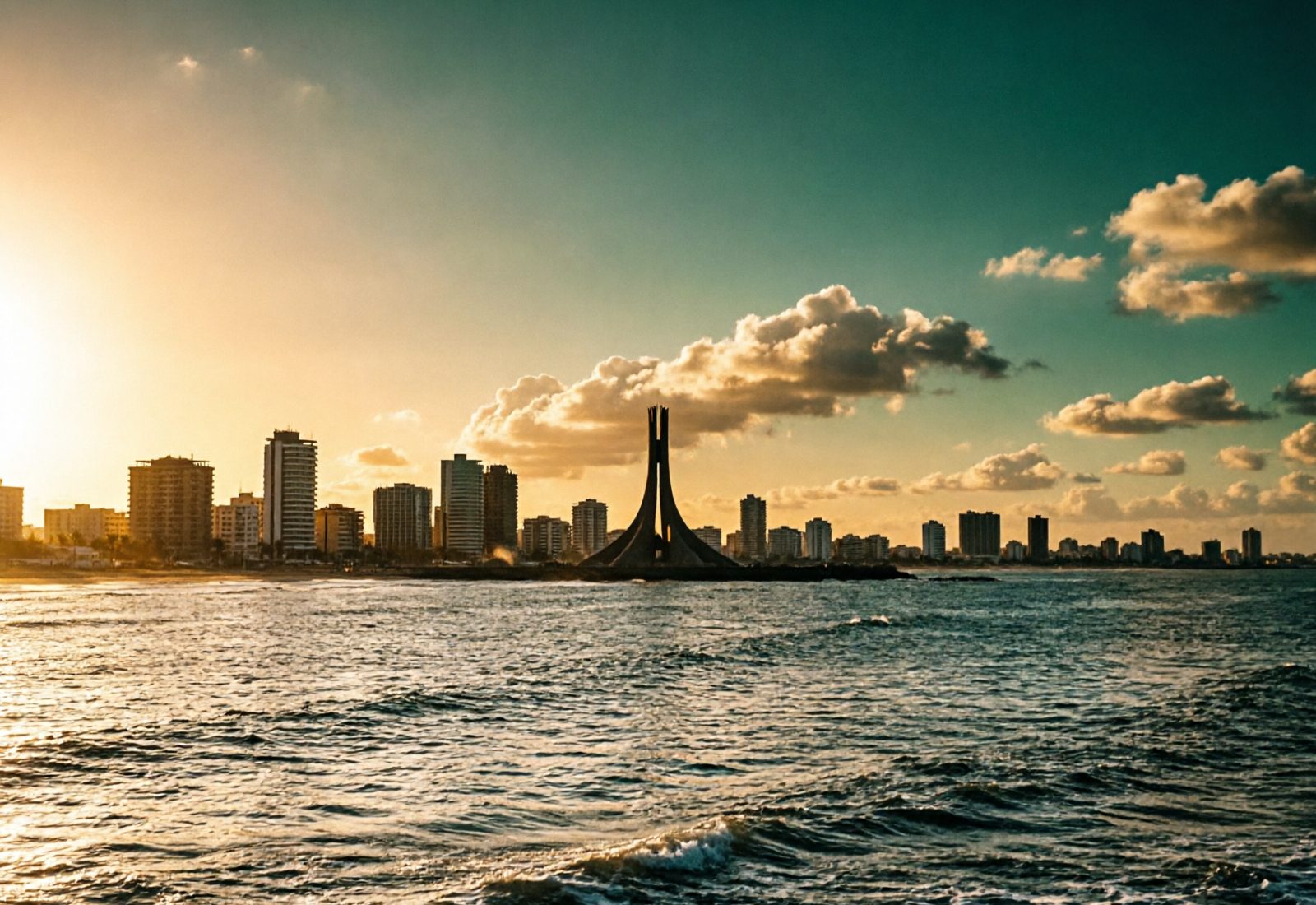 Littoral de Dakar au coucher du soleil, skyline moderne face à l'océan Atlantique