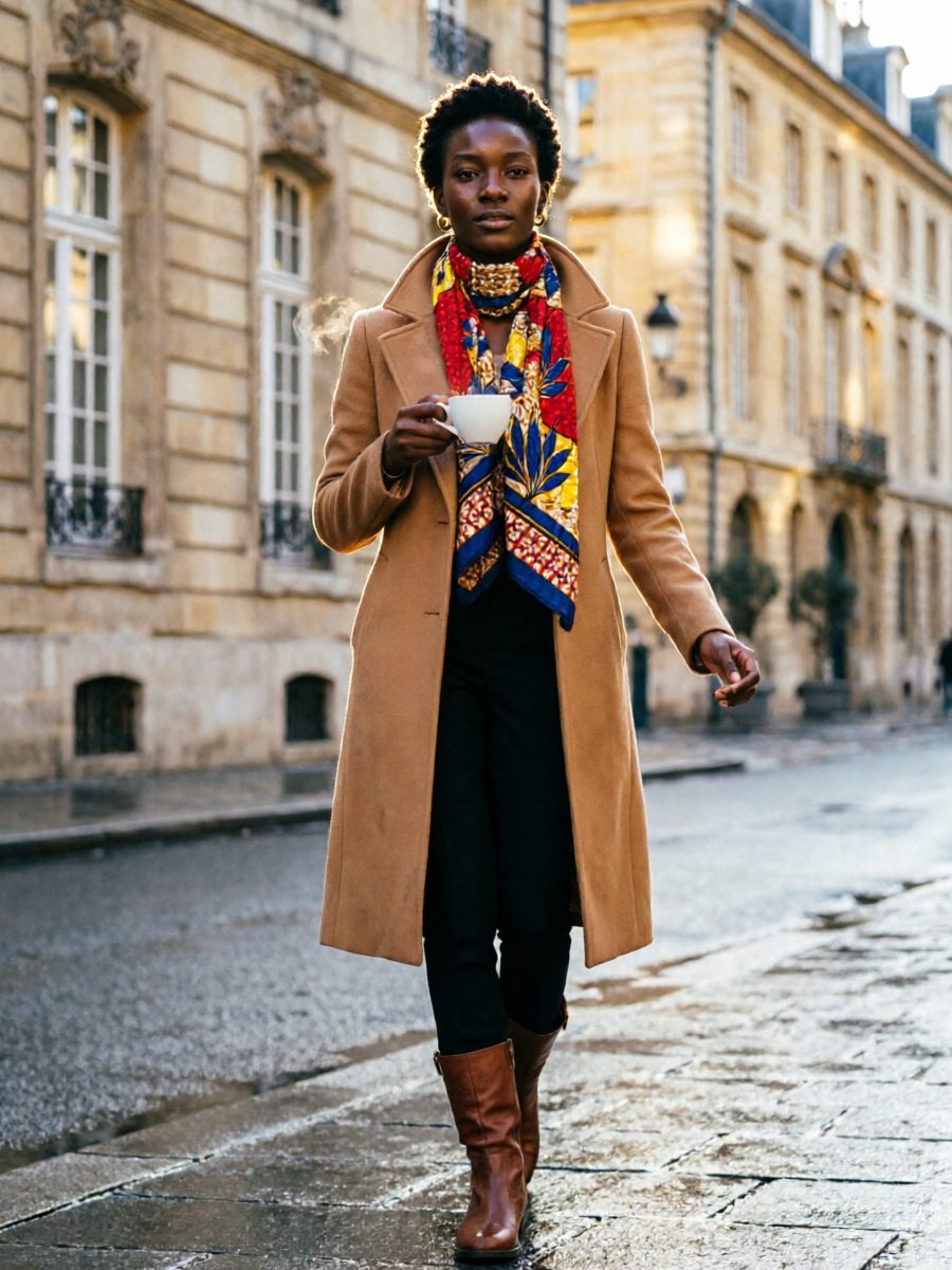 Femme sénégalaise souriante marchant en ville, café à la main, architecture européenne floutée