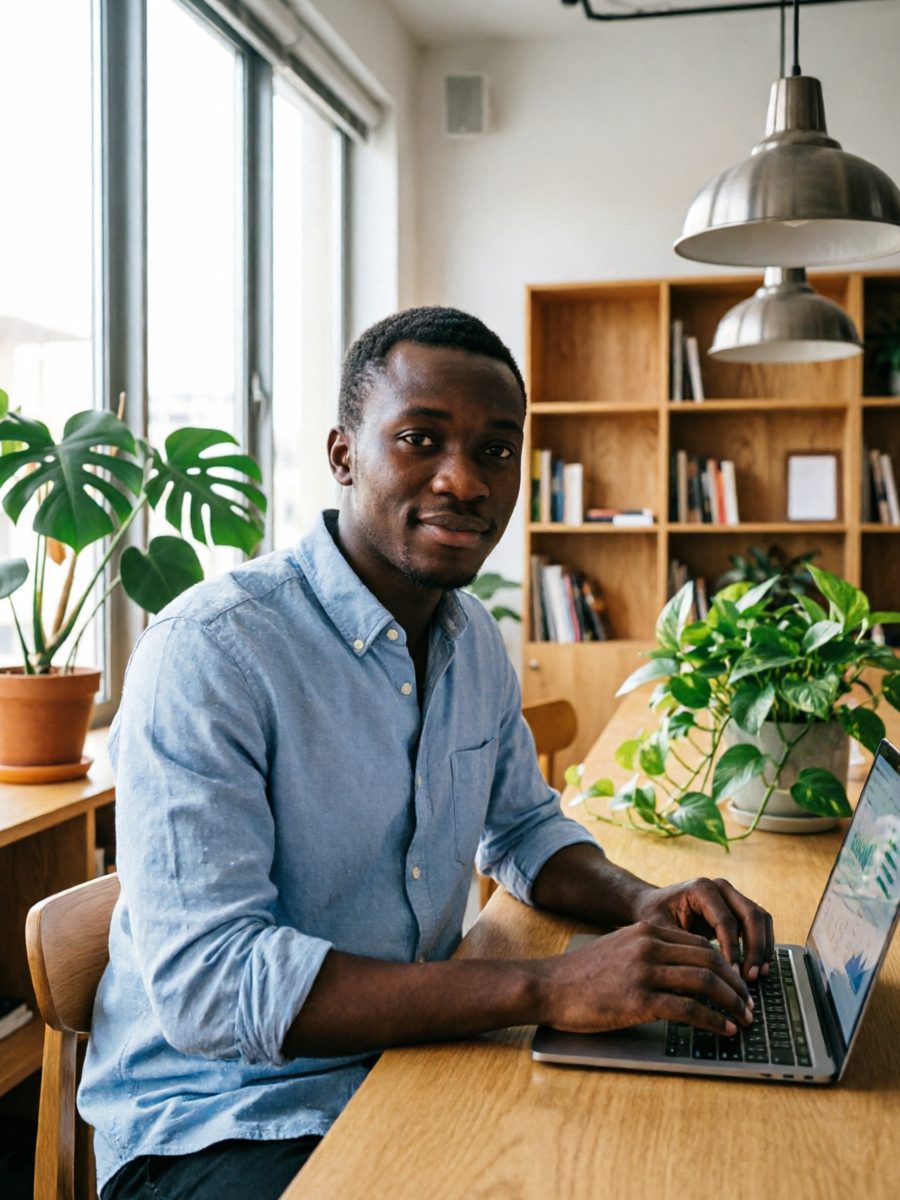 Jeune entrepreneur sénégalais en chemise travaillant dans un espace moderne et végétalisé