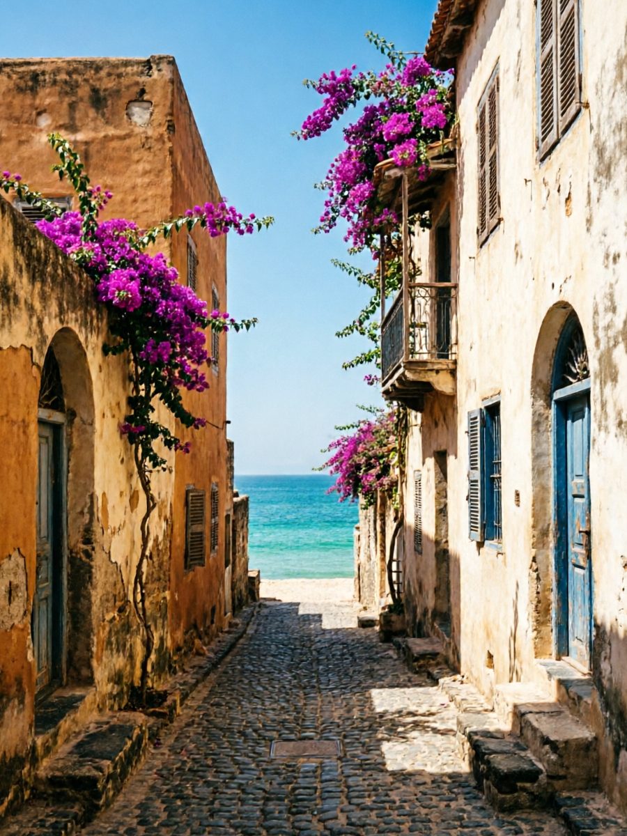 Architecture coloniale colorée de l'île de Gorée avec bougainvilliers et mer turquoise