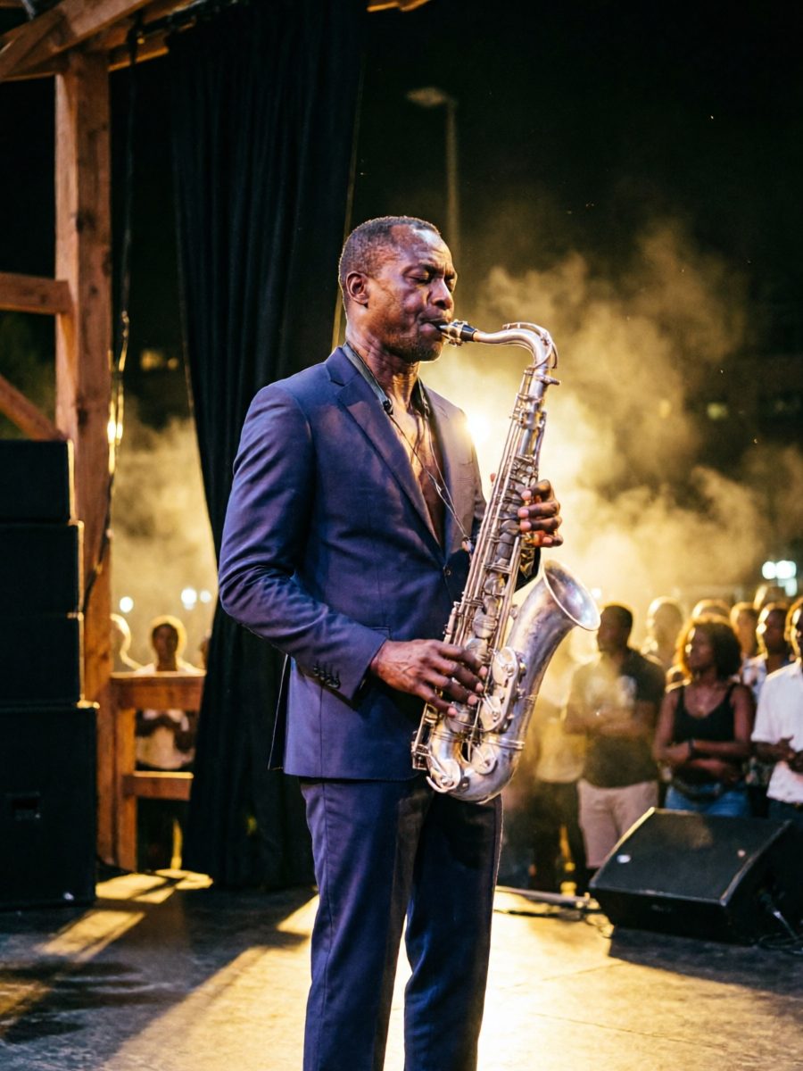 Saxophoniste éclairé par un projecteur chaud sur la scène du festival de jazz de Saint-Louis