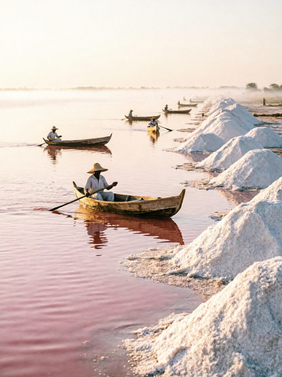 Récoltants de sel sur des pirogues au Lac Rose, eau rosée et tas de sel immaculés
