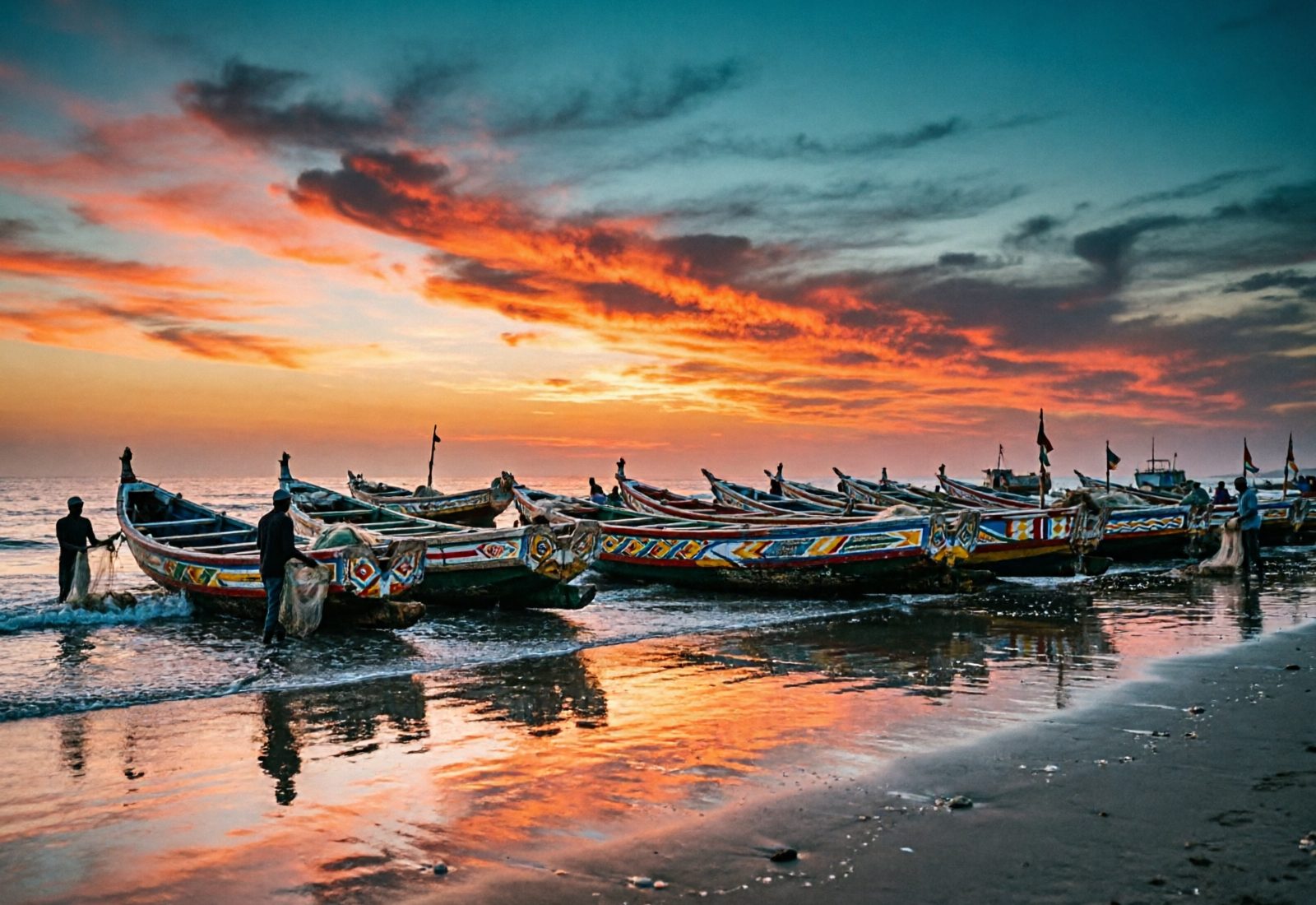 Pirogues de pêche colorées sur une plage sénégalaise au coucher du soleil