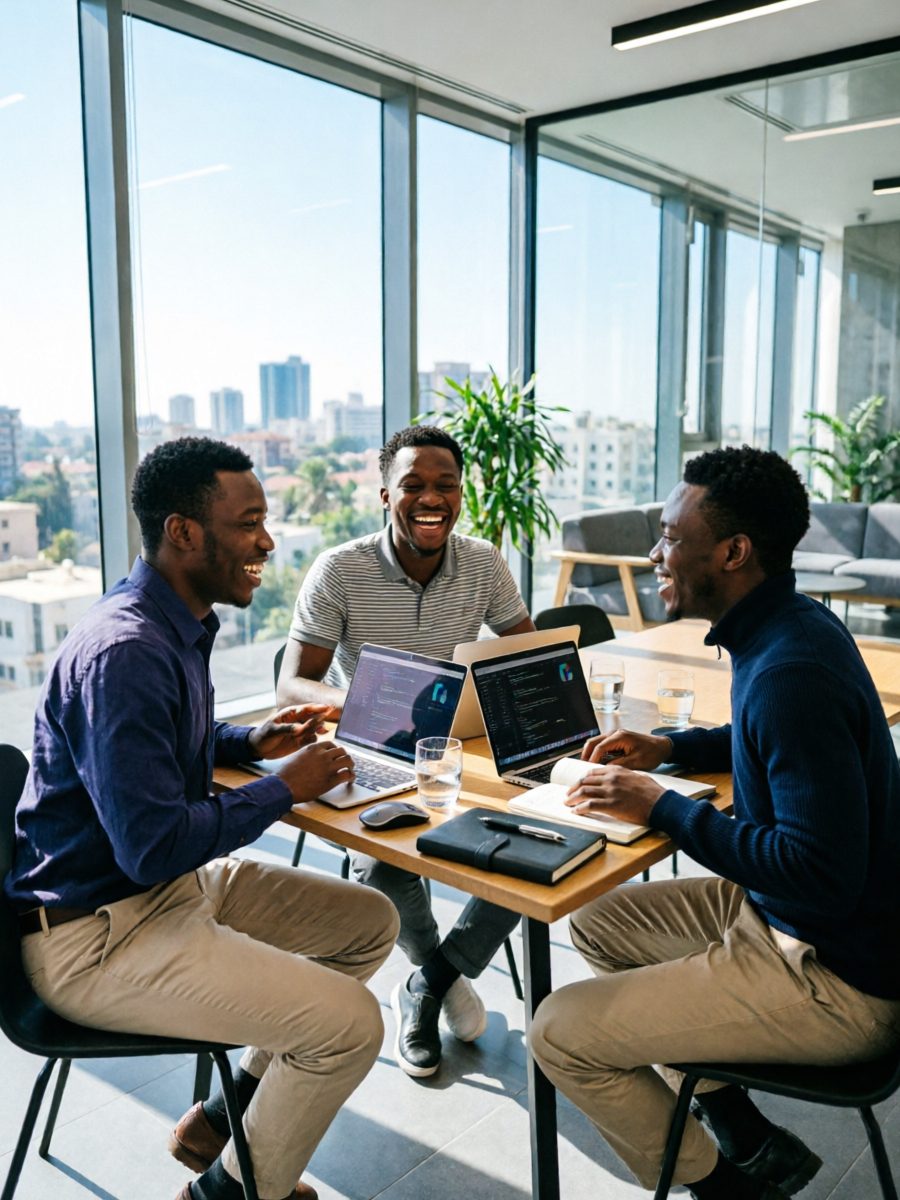 Trois jeunes fondateurs sénégalais collaborant autour d'un ordinateur dans un hub tech de Dakar