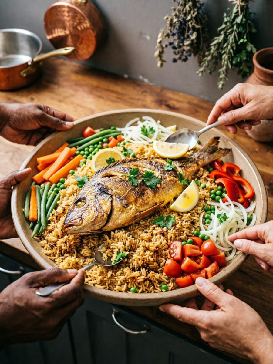 Mains partageant un thieboudienne sur un plateau commun, ambiance familiale chaleureuse