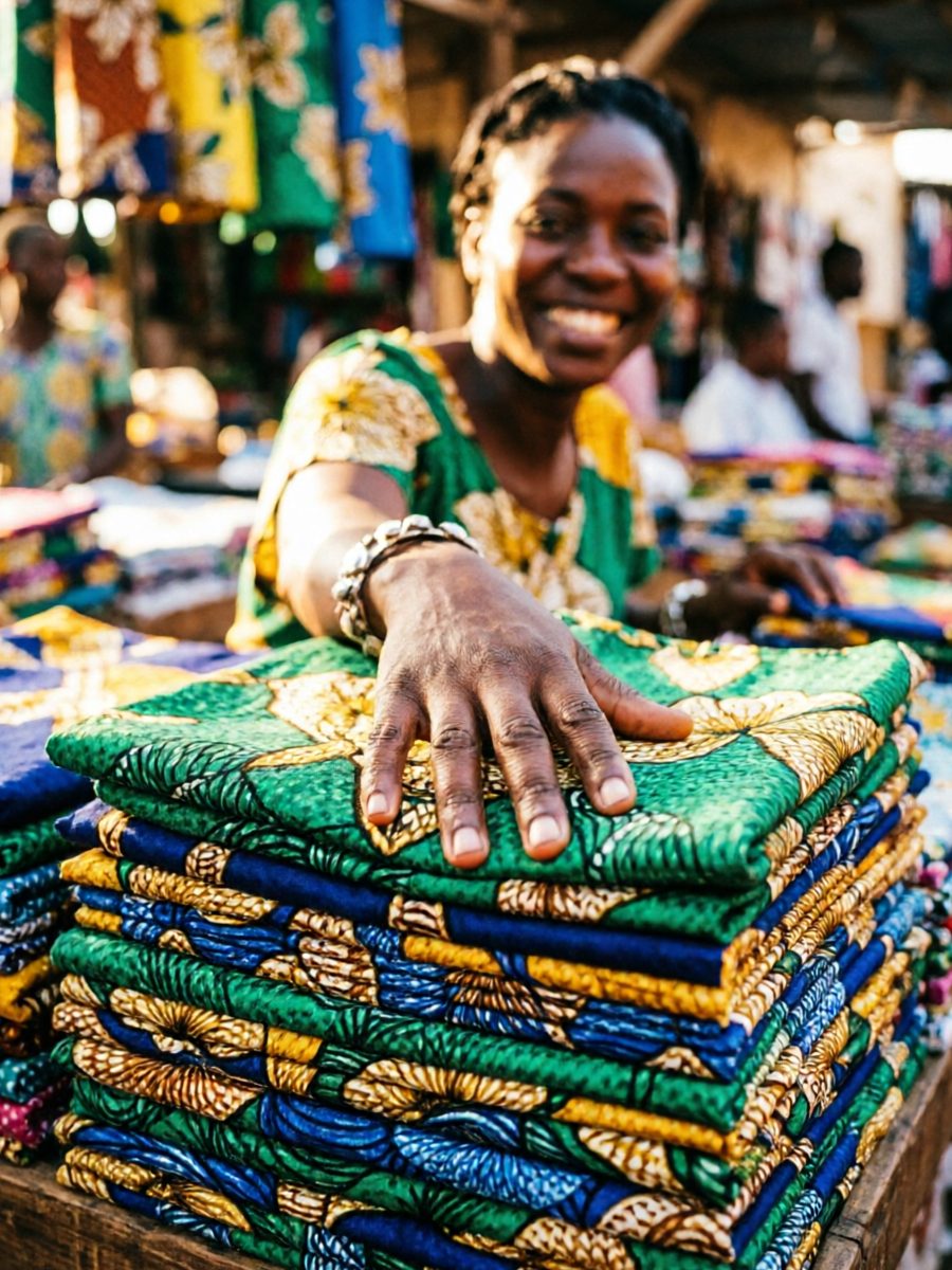 Étals de tissus wax et bazin aux couleurs éclatantes dans un marché sénégalais